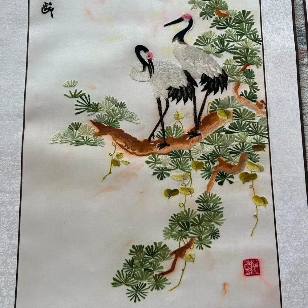 Vintage Chinese Silk Kesi Needlepoint Embroidered Tapestry Scroll 5 Panels Piece